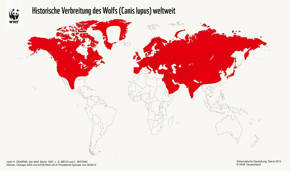 Historische Verbreitung des Wolfes weltweit (Quelle: WWF Österreich)